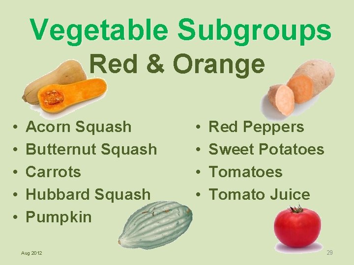Vegetable Subgroups Red & Orange • • • Acorn Squash Butternut Squash Carrots Hubbard