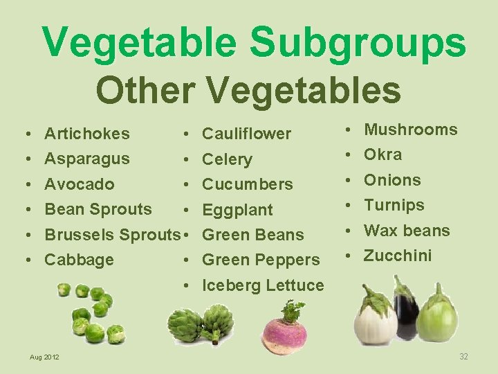 Vegetable Subgroups Other Vegetables • • Asparagus • Avocado • Bean Sprouts • Brussels