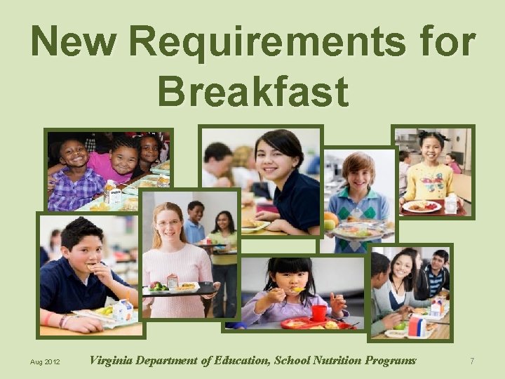 New Requirements for Breakfast Aug 2012 Virginia Department of Education, School Nutrition Programs 7