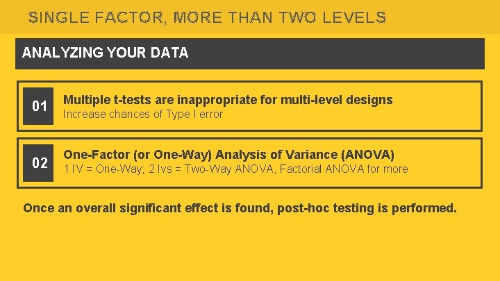 SINGLE FACTOR, MORE THAN TWO LEVELS ANALYZING YOUR DATA 01 02 Multiple t-tests are