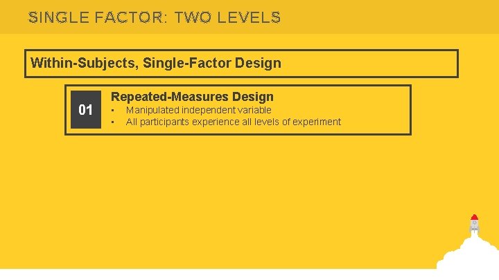 SINGLE FACTOR: TWO LEVELS Within-Subjects, Single-Factor Design 01 Repeated-Measures Design • • Manipulated independent