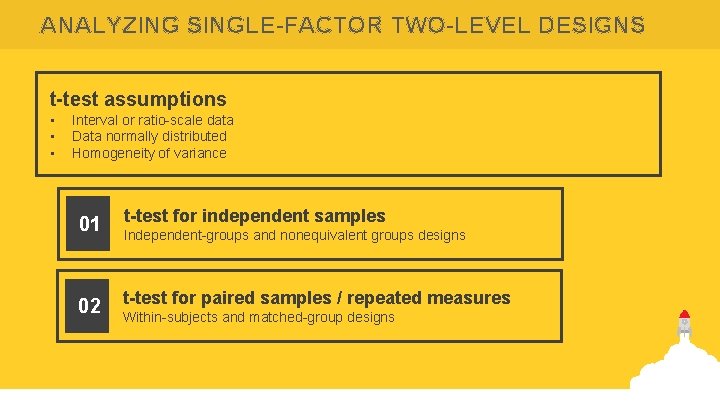 ANALYZING SINGLE-FACTOR TWO-LEVEL DESIGNS t-test assumptions • • • Interval or ratio-scale data Data