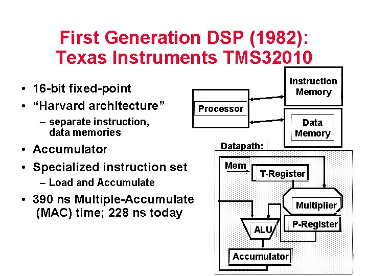 First Generation DSP (1982): Texas Instruments TMS 32010 • 16 -bit fixed-point • “Harvard