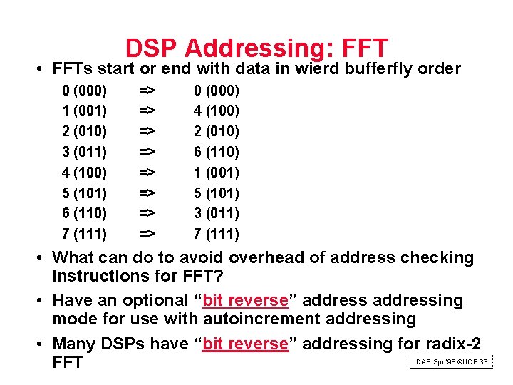 DSP Addressing: FFT • FFTs start or end with data in wierd bufferfly order