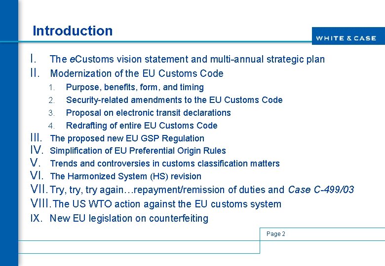 Introduction I. II. The e. Customs vision statement and multi-annual strategic plan Modernization of