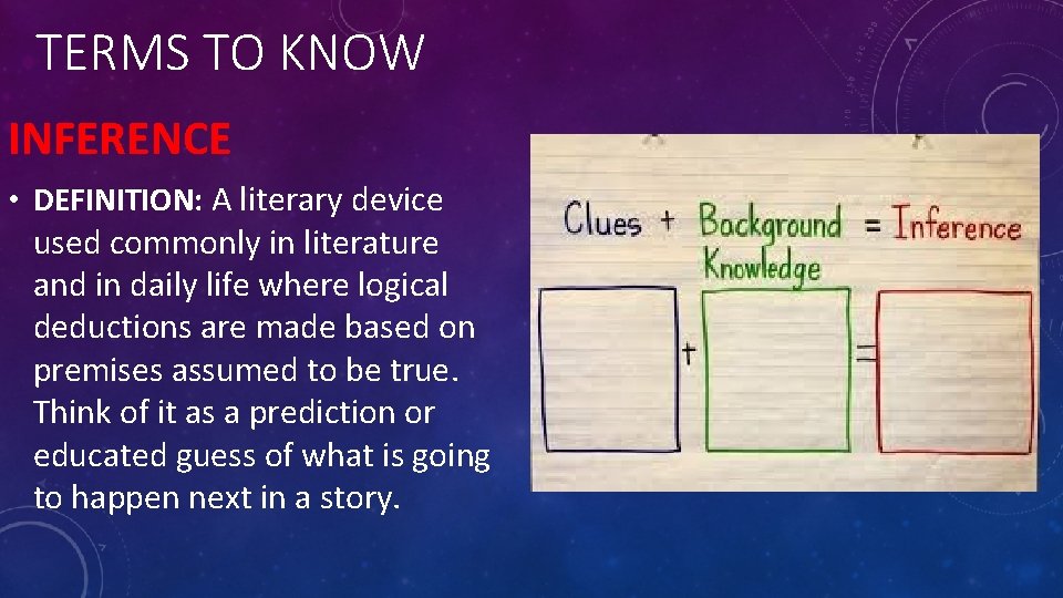 TERMS TO KNOW INFERENCE • DEFINITION: A literary device used commonly in literature and