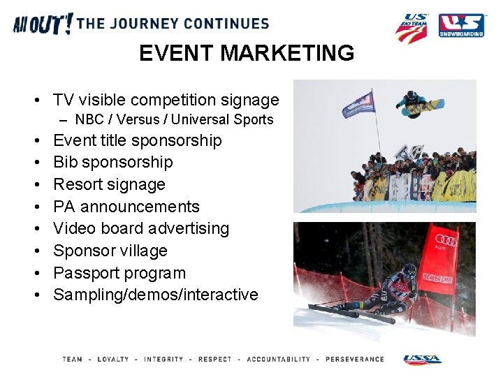 EVENT MARKETING • TV visible competition signage – NBC / Versus / Universal Sports
