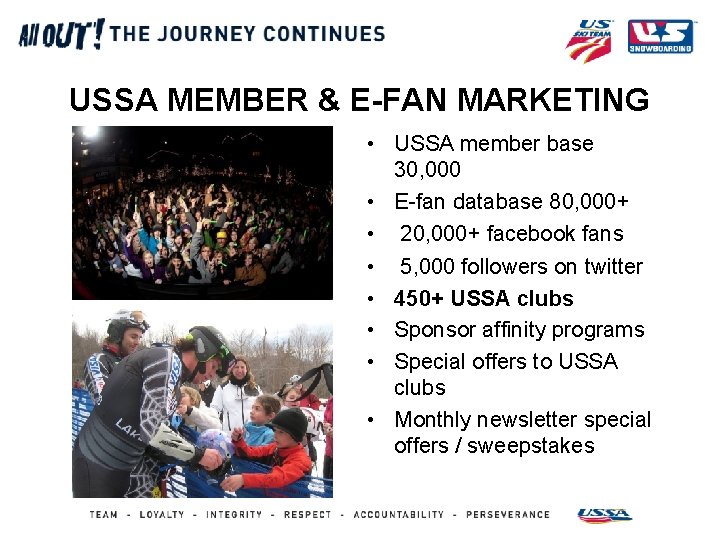 USSA MEMBER & E-FAN MARKETING • USSA member base 30, 000 • E-fan database