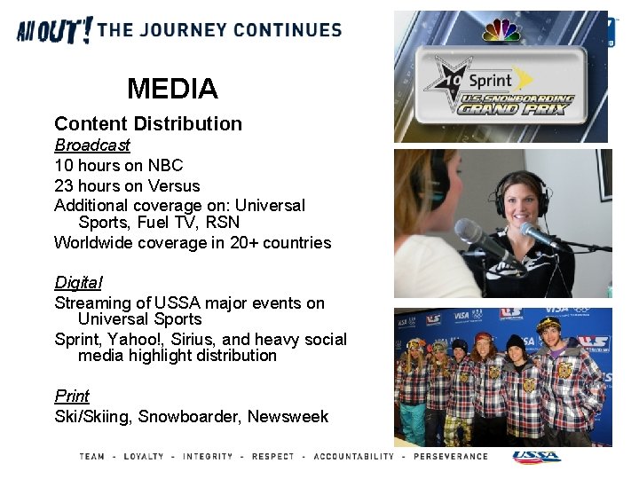 MEDIA Content Distribution Broadcast 10 hours on NBC 23 hours on Versus Additional coverage