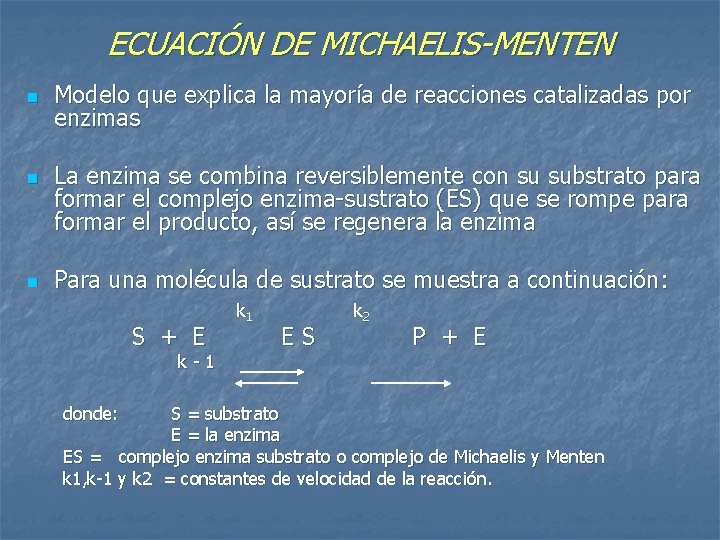 ECUACIÓN DE MICHAELIS-MENTEN n n n Modelo que explica la mayoría de reacciones catalizadas