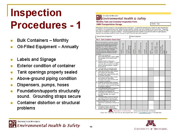 Inspection Procedures - 1 n n n n n Bulk Containers – Monthly Oil-Filled