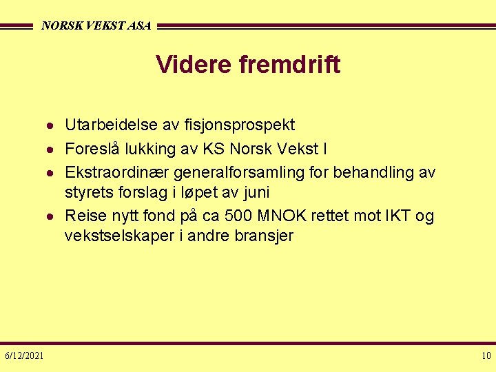 NORSK VEKST ASA Videre fremdrift · Utarbeidelse av fisjonsprospekt · Foreslå lukking av KS