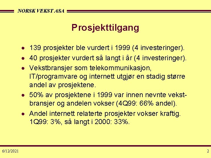 NORSK VEKST ASA Prosjekttilgang · 139 prosjekter ble vurdert i 1999 (4 investeringer). ·