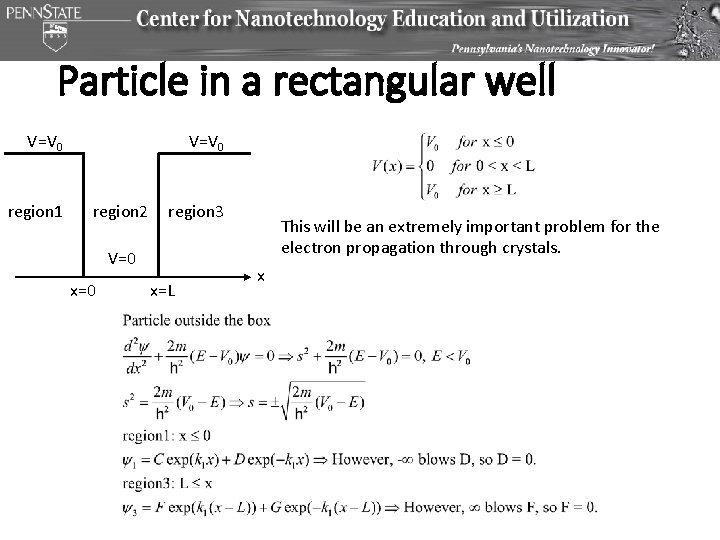 Particle in a rectangular well V=V 0 region 1 V=V 0 region 2 region Particle in a rectangular well V=V 0 region 1 V=V 0 region 2 region