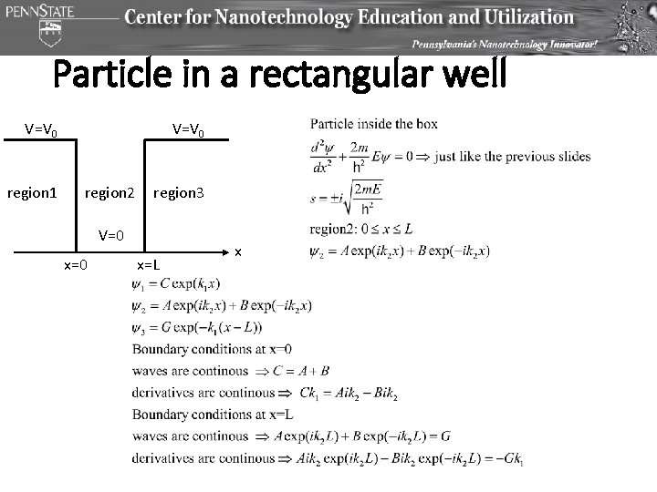 Particle in a rectangular well V=V 0 region 1 V=V 0 region 2 region Particle in a rectangular well V=V 0 region 1 V=V 0 region 2 region