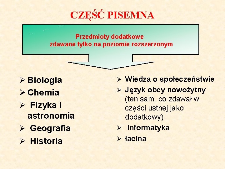 CZĘŚĆ PISEMNA Przedmioty dodatkowe zdawane tylko na poziomie rozszerzonym Ø Biologia Ø Chemia Ø