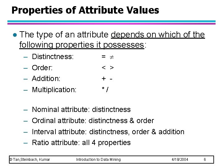 Properties of Attribute Values l The type of an attribute depends on which of