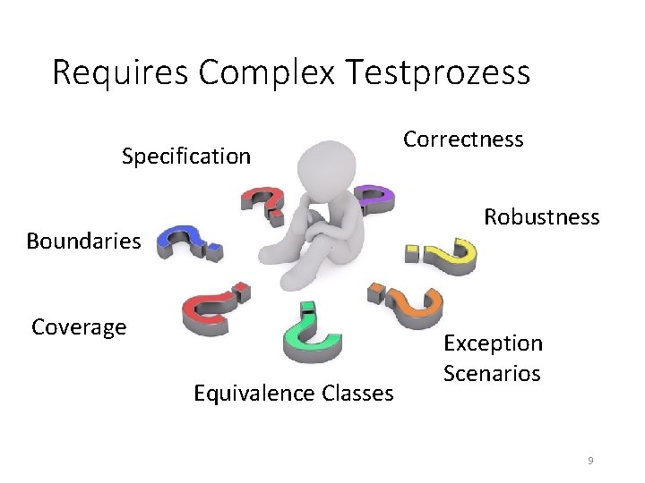 Requires Complex Testprozess Specification Correctness Robustness Boundaries Coverage Equivalence Classes Exception Scenarios 9 Requires Complex Testprozess Specification Correctness Robustness Boundaries Coverage Equivalence Classes Exception Scenarios 9