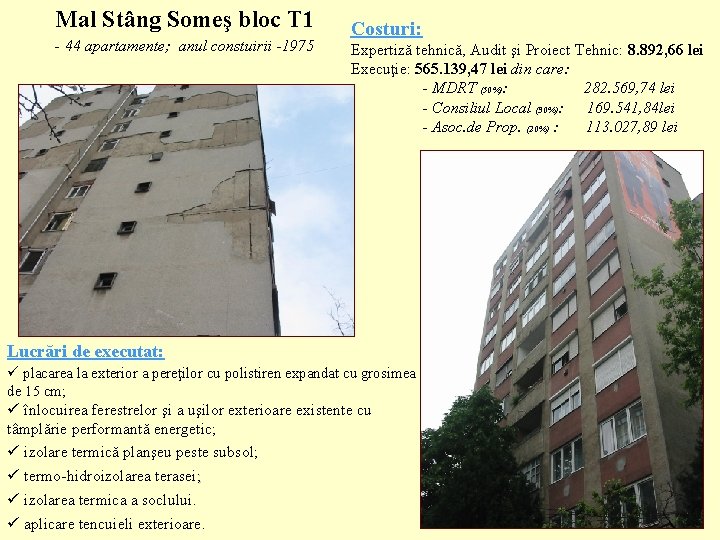 Mal Stâng Someş bloc T 1 - 44 apartamente; anul constuirii -1975 Costuri: Expertiză