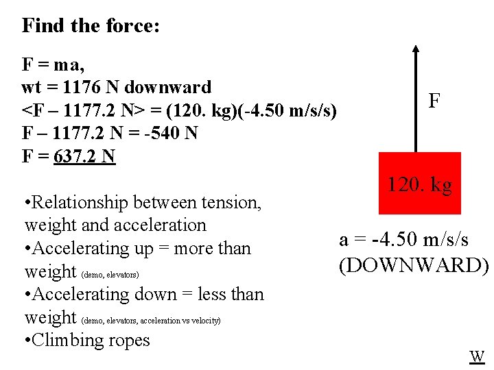 Find the force: F = ma, wt = 1176 N downward <F – 1177.
