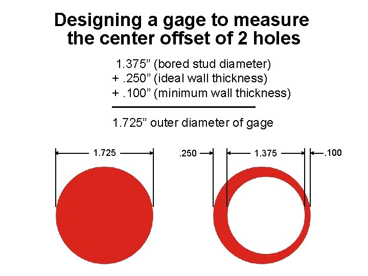 Designing a gage to measure the center offset of 2 holes 1. 375” (bored