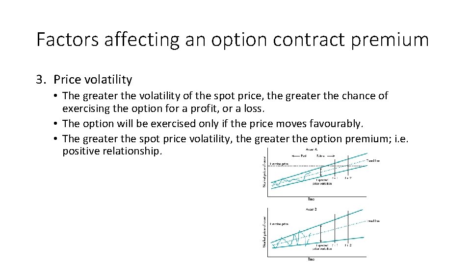Factors affecting an option contract premium 3. Price volatility • The greater the volatility