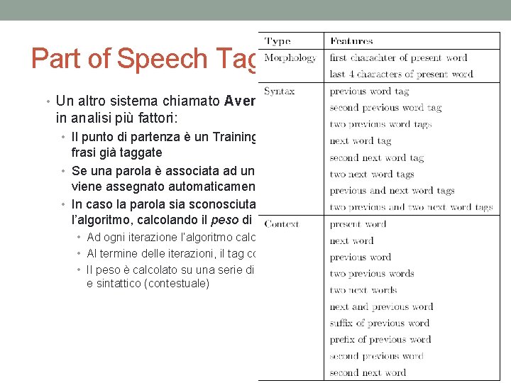 Part of Speech Tagging • Un altro sistema chiamato Averaged Perceptron Tagger prende in