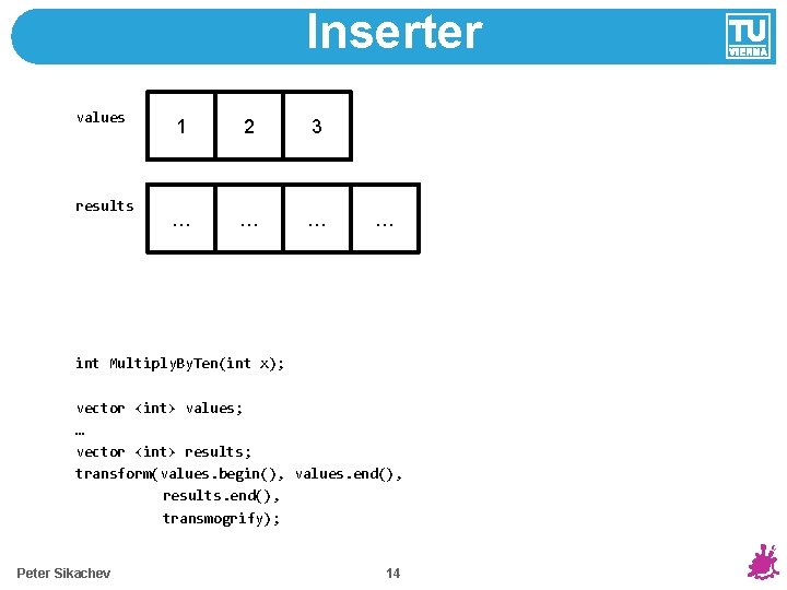 Inserter values results 1 2 3 … … int Multiply. By. Ten(int x); vector