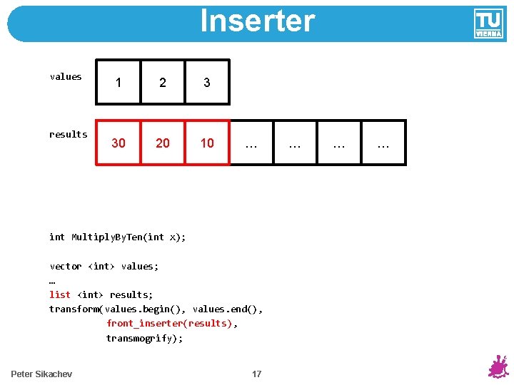 Inserter values results 1 2 3 30 20 10 … int Multiply. By. Ten(int