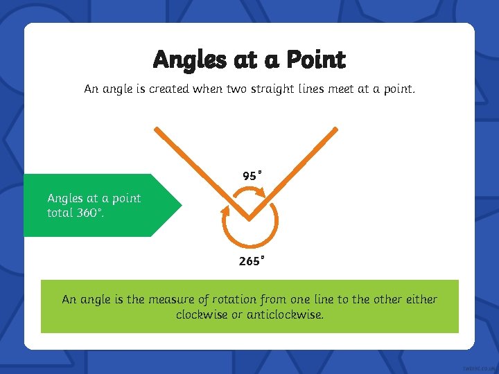 Angles at a Point An angle is created when two straight lines meet at