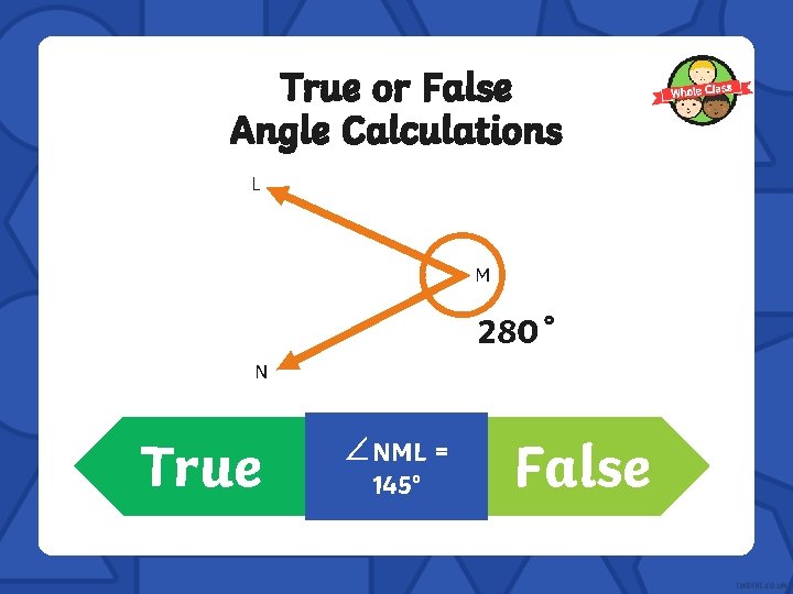 True or False Angle Calculations L M 280˚ N True ∠NML = 145° False