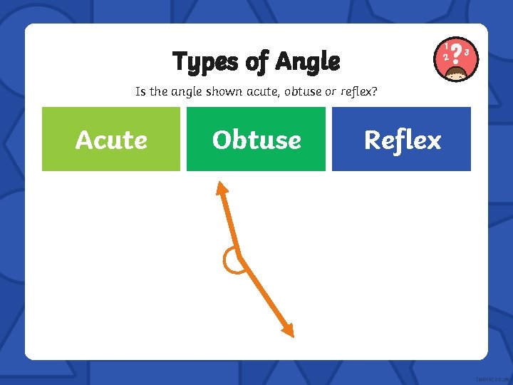 Types of Angle Is the angle shown acute, obtuse or reflex? Incorrect Acute Incorrect