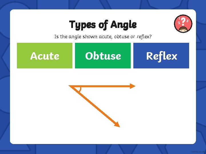 Types of Angle Is the angle shown acute, obtuse or reflex? Correct Acute Incorrect