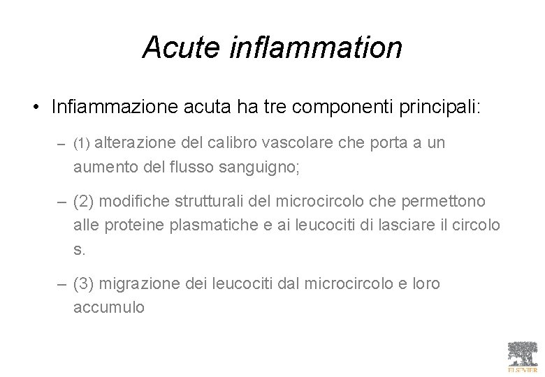 Acute inflammation • Infiammazione acuta ha tre componenti principali: – (1) alterazione del calibro