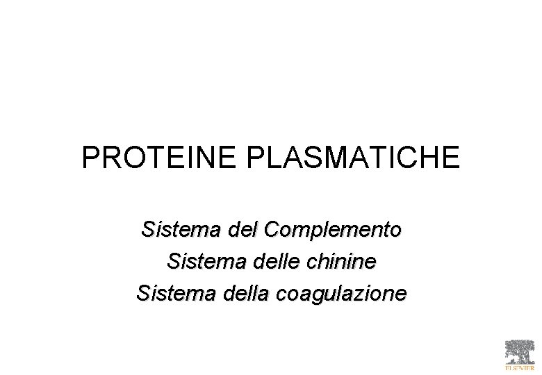 PROTEINE PLASMATICHE Sistema del Complemento Sistema delle chinine Sistema della coagulazione 