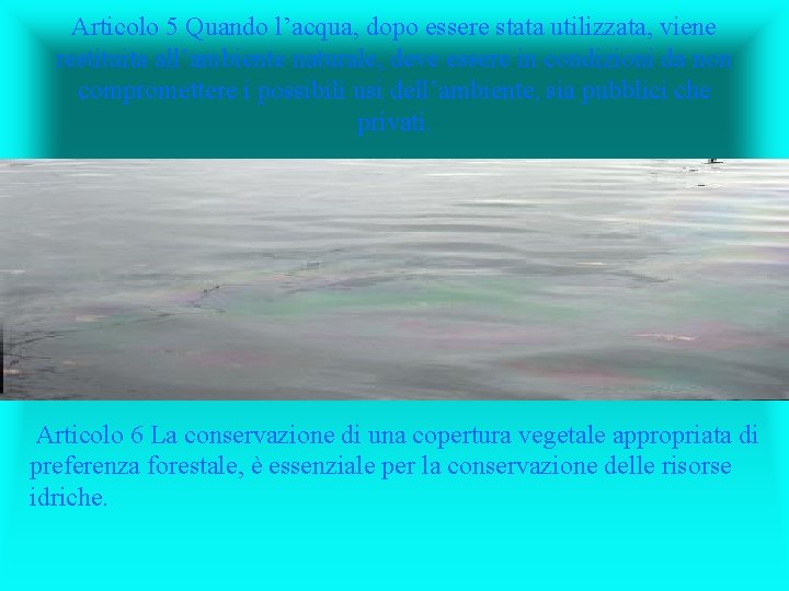 Articolo 5 Quando l’acqua, dopo essere stata utilizzata, viene restituita all’ambiente naturale, deve essere