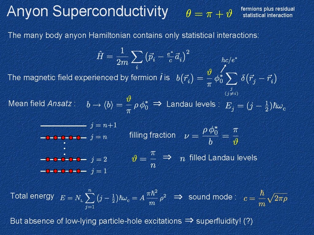Anyon Superconductivity fermions plus residual statistical interaction The many body anyon Hamiltonian contains only