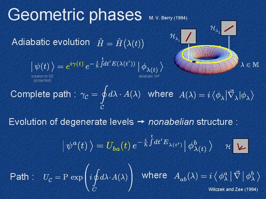 Geometric phases M. V. Berry (1984) Adiabatic evolution solution to SE (projected) Complete path