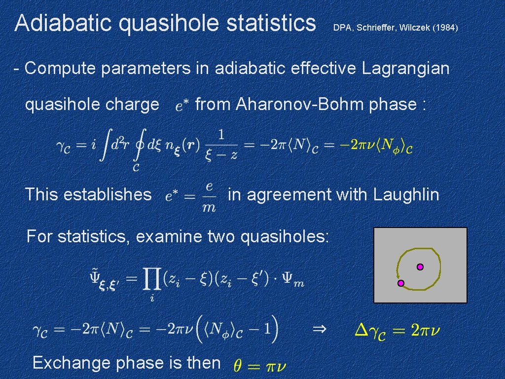 Adiabatic quasihole statistics DPA, Schrieffer, Wilczek (1984) - Compute parameters in adiabatic effective Lagrangian