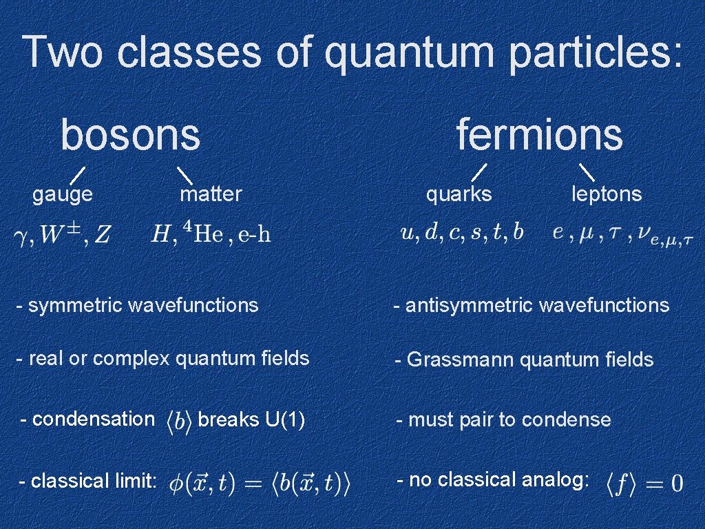 Two classes of quantum particles: bosons gauge matter fermions quarks leptons - symmetric wavefunctions