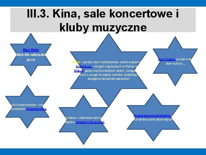 III. 3. Kina, sale koncertowe i kluby muzyczne Blue Note – klub dla miłośników