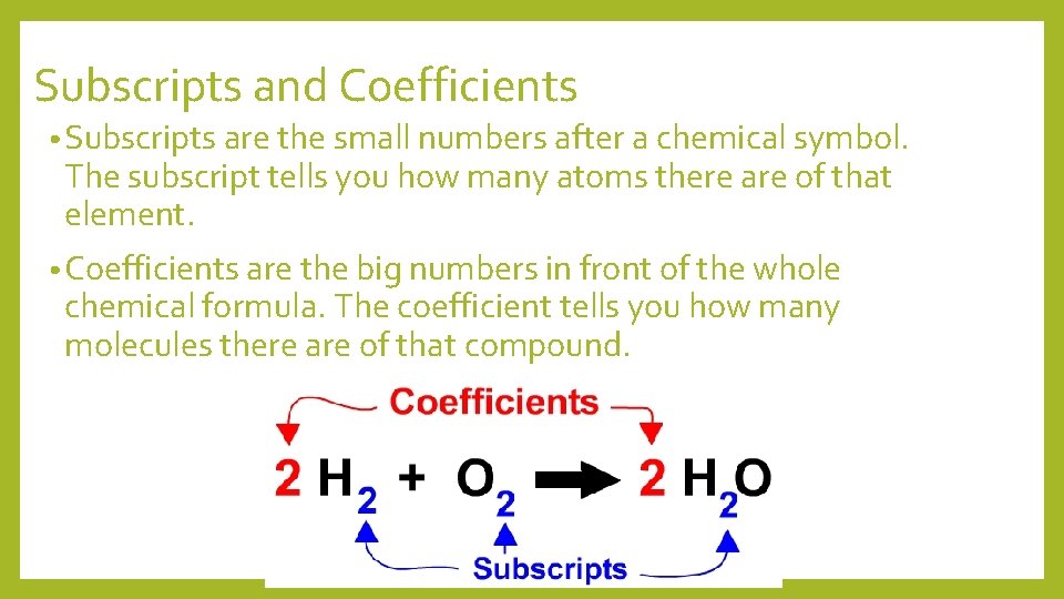 Subscripts and Coefficients • Subscripts are the small numbers after a chemical symbol. The