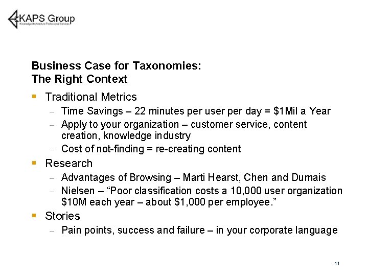 Business Case for Taxonomies: The Right Context § Traditional Metrics Time Savings – 22