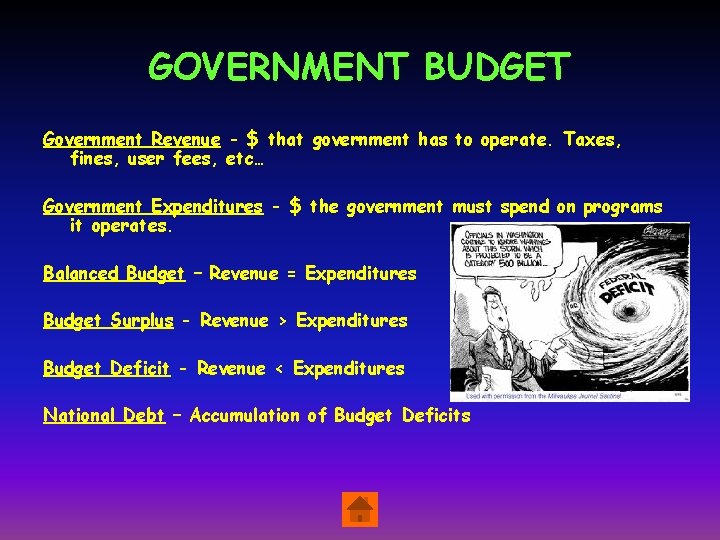 GOVERNMENT BUDGET Government Revenue - $ that government has to operate. Taxes, fines, user