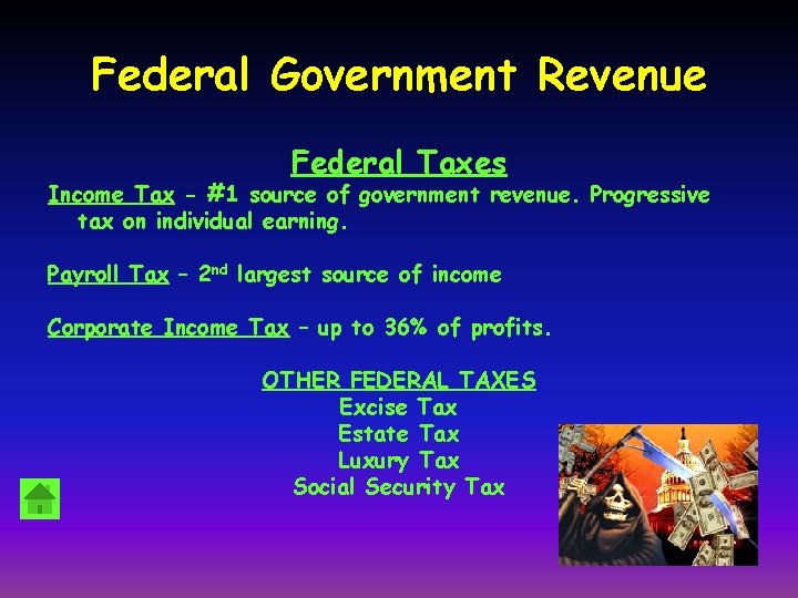 Federal Government Revenue Federal Taxes Income Tax - #1 source of government revenue. Progressive