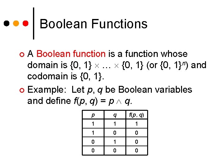 Boolean Functions A Boolean function is a function whose domain is {0, 1} …