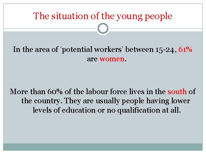 The situation of the young people In the area of ‘potential workers’ between 15