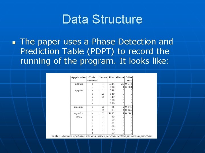 Data Structure n The paper uses a Phase Detection and Prediction Table (PDPT) to