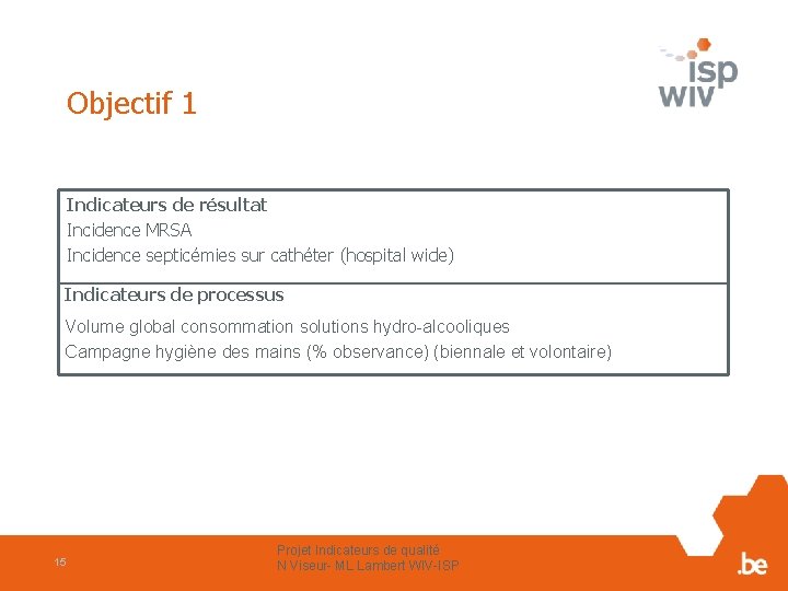 Objectif 1 Indicateurs de résultat Incidence MRSA Incidence septicémies sur cathéter (hospital wide) Indicateurs