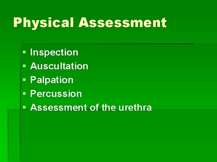 Physical Assessment § § § Inspection Auscultation Palpation Percussion Assessment of the urethra 